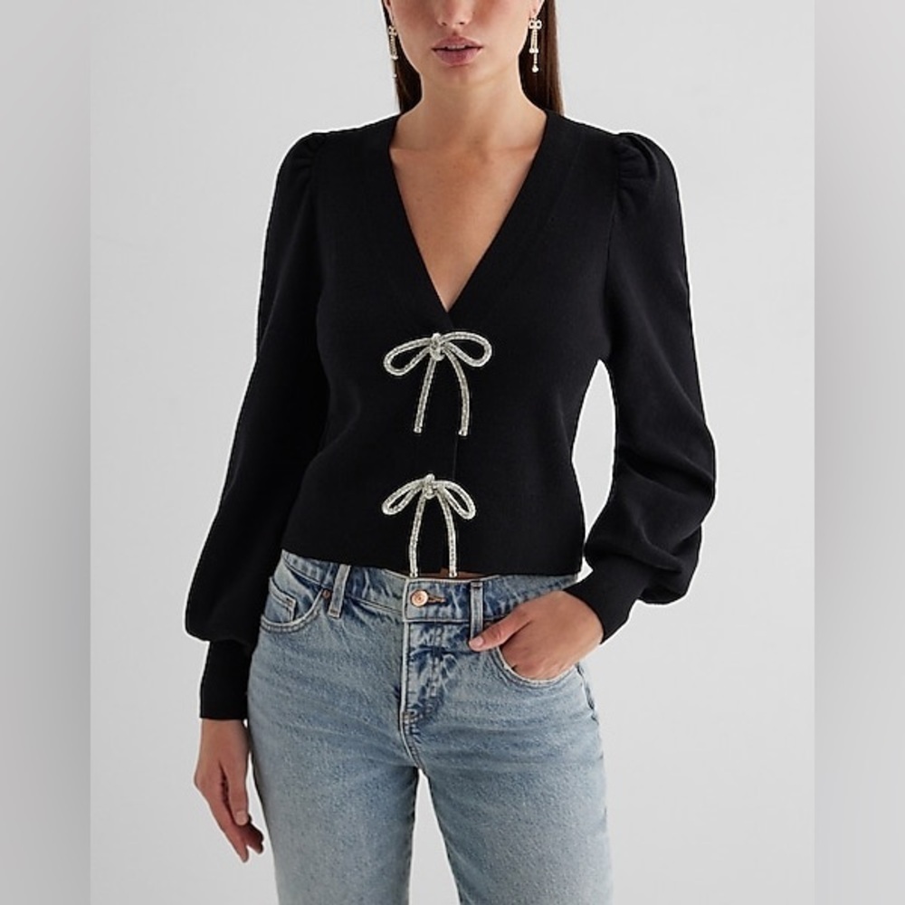 Express Black V-Neck Embellished Silver Rhinestone Bow Cardigan Women’s Size XL